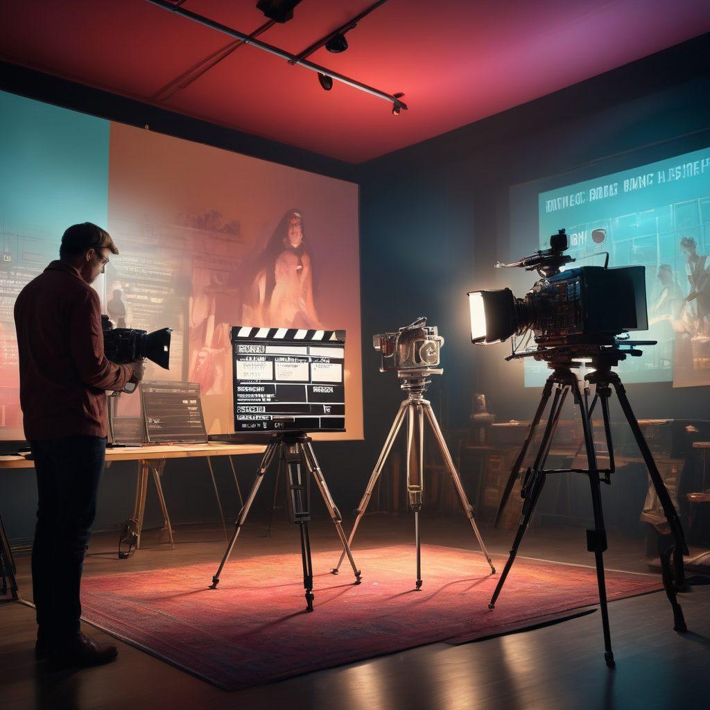 A dynamic film set featuring a cinematographer adjusting a camera on a tripod, surrounded by vibrant lighting equipment and crew members discussing a scene. In the background, a large director’s board, showcasing film clapperboards and notes on film critique. Add a touch of creativity with rolling film reels and iconic movie posters subtly blended in. vibrant colors. cinematic style. 3D.