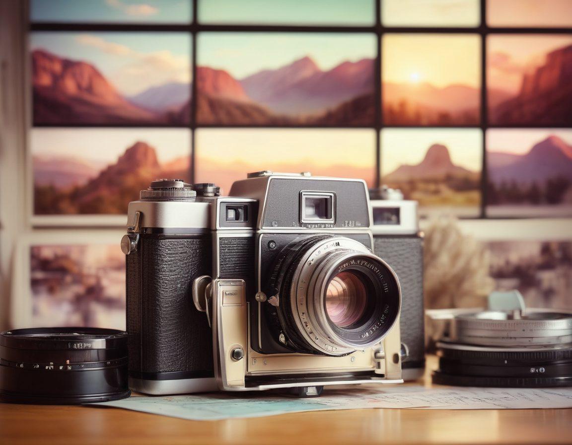 A close-up of a vintage film camera with a beautiful landscape reflected in its lens, surrounded by film reels and storyboards. The background features pastel colors that blend into a dreamy atmosphere, enhancing the idea of visual storytelling. Add light flares and soft bokeh to create depth and intrigue. vintage style. vibrant colors. dreamy ambiance.