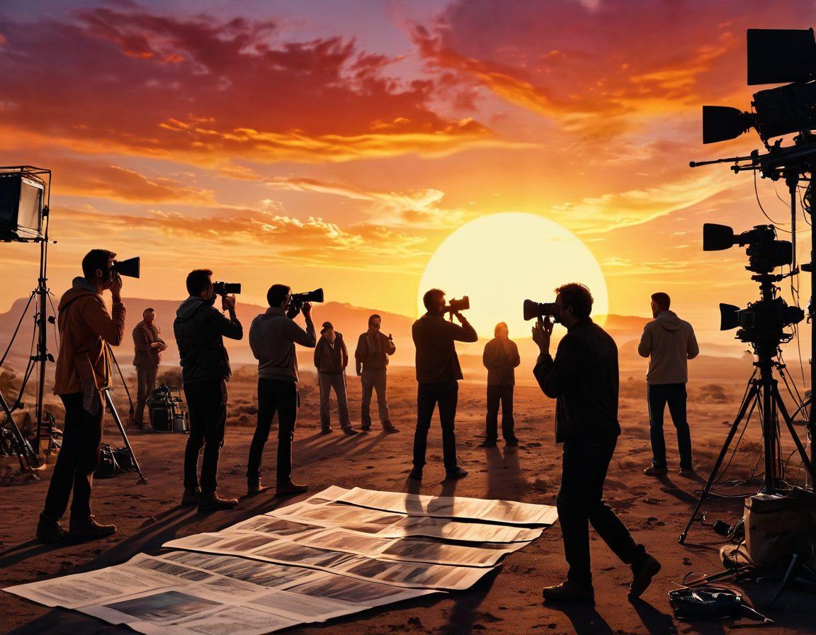 An imaginative blend of a film set with a storyboard in the foreground, showcasing diverse filmmaking techniques: a director shouting 'action,' a camera crew capturing a dramatic scene, and script notes scattered around. In the background, a sunset illuminating the scene, symbolizing the journey of storytelling. Captivating colors and dynamic composition to inspire aspiring filmmakers. super-realistic. vibrant colors. cinematic style.